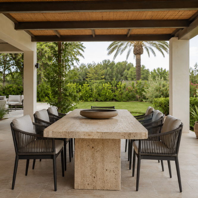 Terrazzo con vista giardino, con tavolo in travertino classico