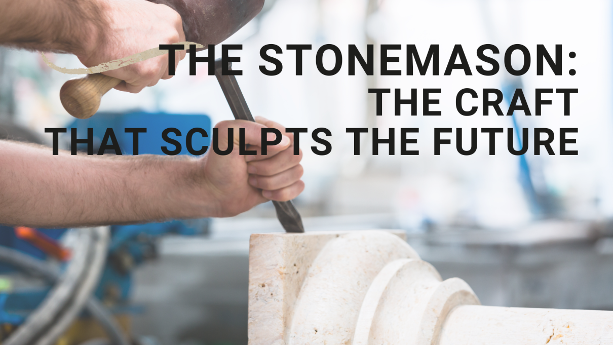 Detail of a stonemason handcrafting a natural stone column